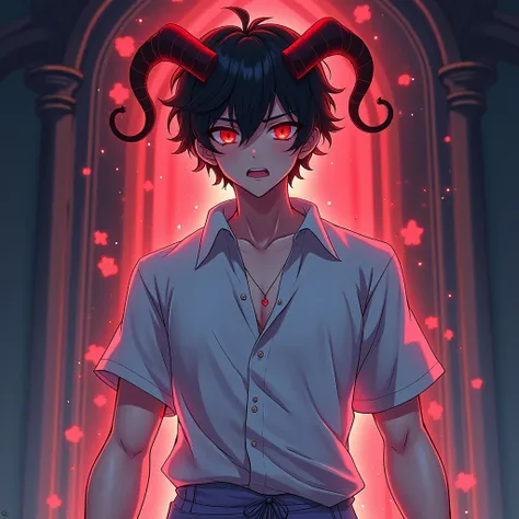 " An anime-style illustration of a young and captivating male incubus,with cold and dead eyes .  The character has slightly wavy and curly hair ,  mixing textures of types 3 and 2 short dark brown,  and small horns in a red-blue tone that harmonizes Am wit...