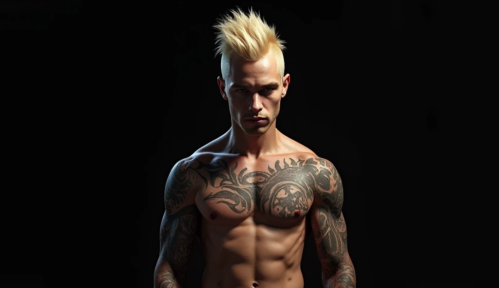  skinny young american blonde kinda old, brewok half body ,  bald hair only in the middle of the head ,  cratos-like face god of war ,  full body with tattoo , black flat background 