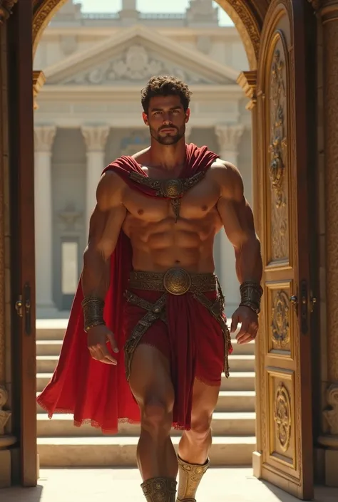  A Young Man, handsome muscle similar to Hercules leaving a palace to perform tasks

