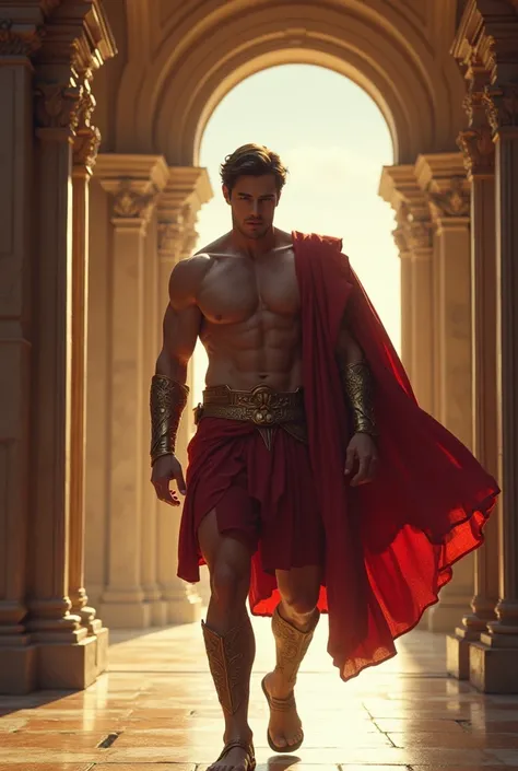  A Young Man, handsome muscle similar to Hercules leaving a palace to perform tasks

