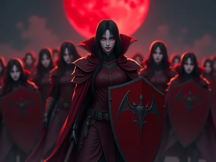 an army of vampires with fair skin, red eyes, long black hair, marching in the darkness, dressed in red armor, wearing red shields shaped like bat wings, and holding a medieval club in their hand under the light of the blood moon, Dark fantasy.Intricately ...