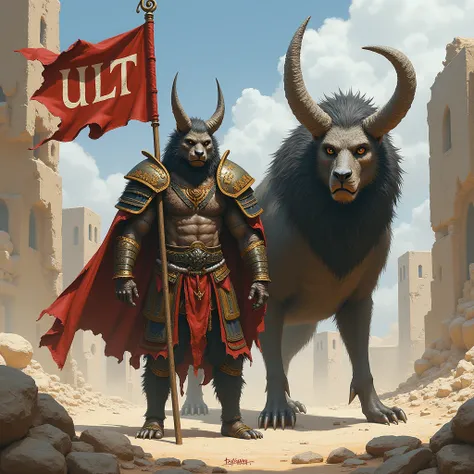 Raynor hero wearing a samouraï armor, fuzzy and bestial, with a shield and a flag with word ULT,  behind him a scary bestial dragoon,  both surrounded by ruins of buildings and desert, realistic style