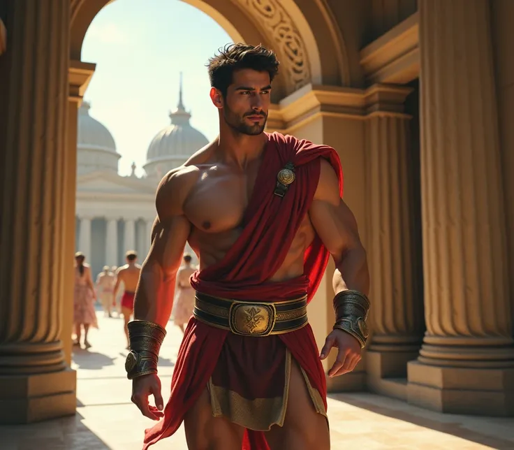  A Young Man, handsome muscle similar to Hercules leaving a palace to perform tasks

