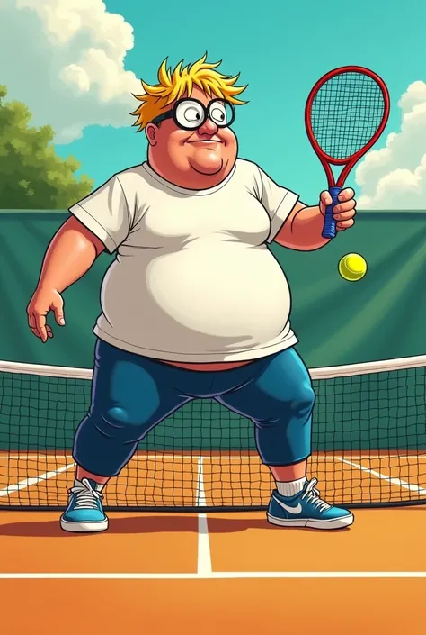 Blond fat comic-like man with round glasses in leggins on the tennis court doing a tennis tweener 