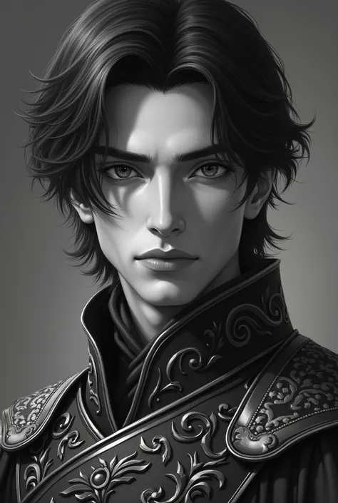 Male aristocrat, European, prince, 45 years old, warrior, black and white pencil drawing, male dressed in embroidery, shoulder-length hair, wolf haircut, looks directly at the camera, thin, narrow shoulders, black hair, black eyes, golden section, standing...