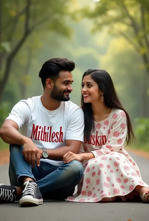 real  couple sitting on a beautiful road boy wearing full t-shirt and pants with shoes and the text Mithilesh written in t- shirt and girl wearing full kurti with the text muskan written in kurti has hands clasped and smiles gently forward both are looking...