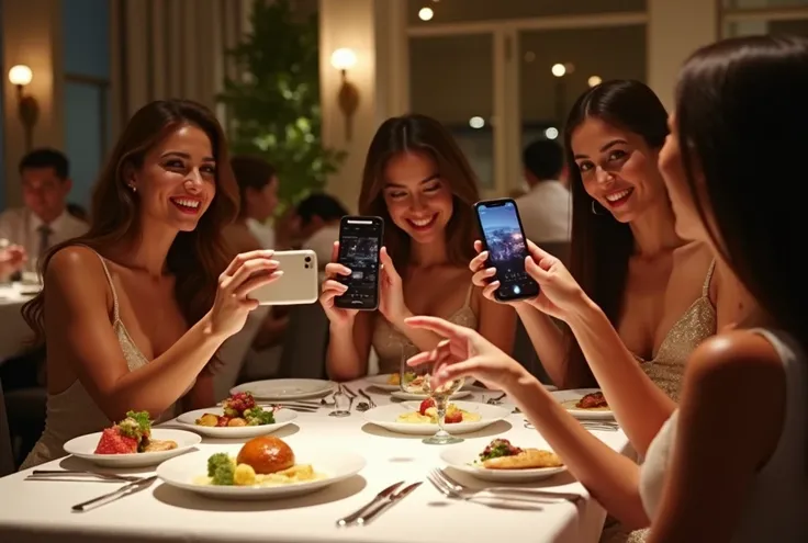 Influencers dressed in elegant evening gowns with refined necklines, seated around a chic table in a gourmet restaurant. In front of them are artistically presented dishes, featuring details like porcelain plates, silver cutlery, and soft, ambient lighting...