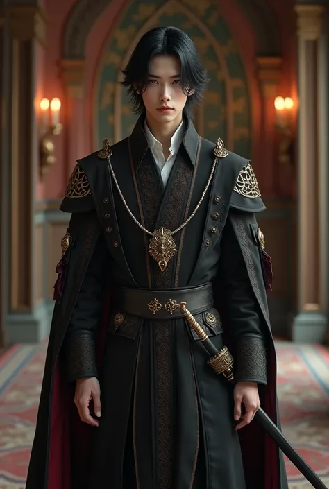 Male aristocrat, knight, refined, white skin, soft face, 45 years old, slightly Asian appearance, wearing a heavy tarzan, with a sword on his side, shoulder-length hair, black hair, looking directly at the camera, very thin, very narrow shoulders, black ey...