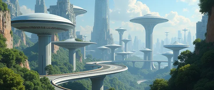 A highly detailed illustration of a futuristic city,A magnificent city of the future, with various advanced technologies, holograms everywhere, a blend of technology and nature, ovoid houses on tall poles, connected to each other by bridges, beautiful and ...