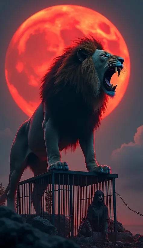 A hyper-realistic 8K image of a powerful lion with prominent muscles and shiny fur flowing in the wind. The lion has a majestic mane and is roaring fiercely, showing sharp, threatening teeth. It stands on top of a cage containing a human prisoner chained i...