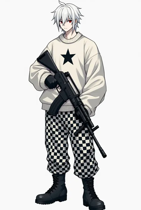 Create an avatar using the nickname "redanchik~" The type who has black and white checkered pants, a nefar with white nose-length hair and a white oversized sweater. So that his skin is white. And so that he would hold a Kalashnikov assault rifle. And his ...