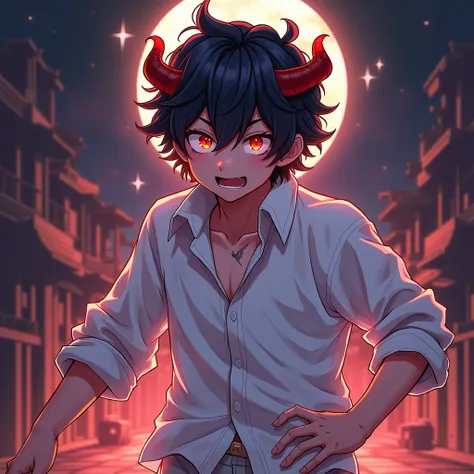 " An anime-style illustration of a young and captivating male incubus,with cold and dead eyes .  The character has slightly wavy and curly hair , Mixing textures of types 3 and 2 short dark brown,  and small horns in a red-blue tone that harmonizes Am with...