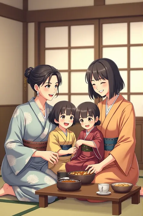 A japanese family happily sitting 