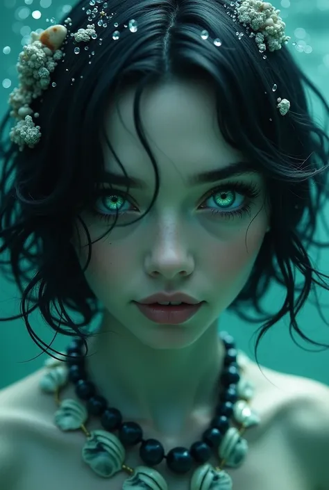 Close-up of a sea siren focusing on her head and shoulders. Her short, wavy black hair flows gently with the underwater current, and her glowing green eyes exude a mysterious, intense gaze. Her pale, iridescent skin shimmers softly, with delicate scales tr...