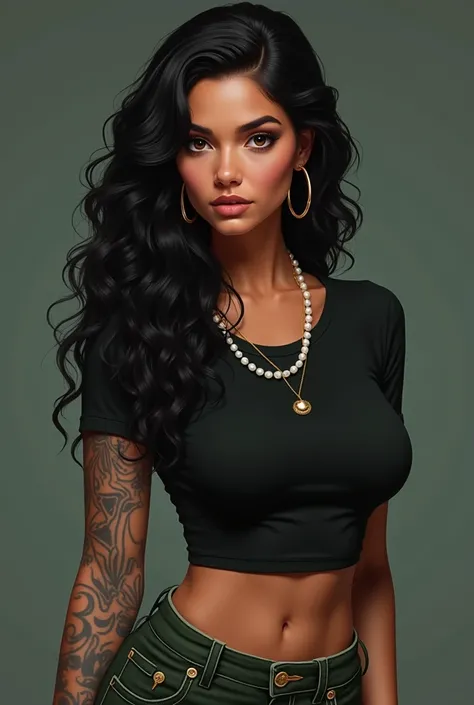  A brown woman with dark brown eyes and long curly black hair .  She has some tattoos on her right arm .
 Shes wearing a black cropped tie and dark green low-waisted jeans.  Shes wearing a long-top all-star sneaker , gold hoop earrings, a small pearl neckl...