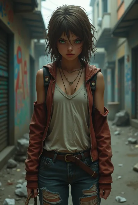 Adult angry girl street girl brown hair,  green eyes ripped clothes