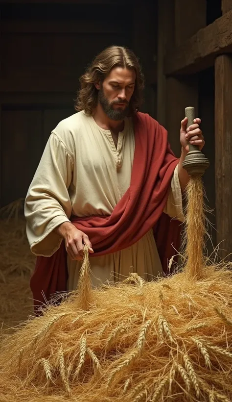  Hyperrealistic image of a barn with wheat and straw, where Jesus , with the crank in his hand ,  separates the wheat from the chaff ,  with serene expressions and determination ,  symbolizing judgment and purification .