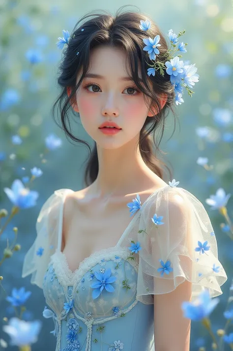 A girl in a dress with light blue flowers with white 