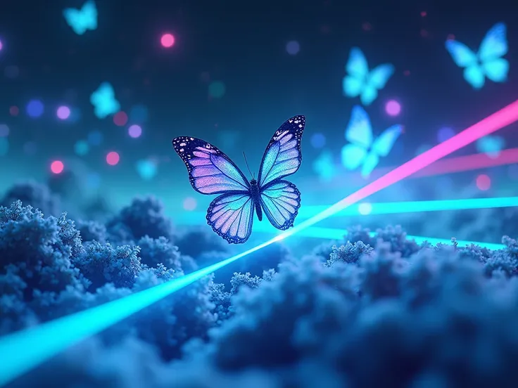 A detailed abstract image with neon blue and neon green colours with lasers and butterflies 8k image 