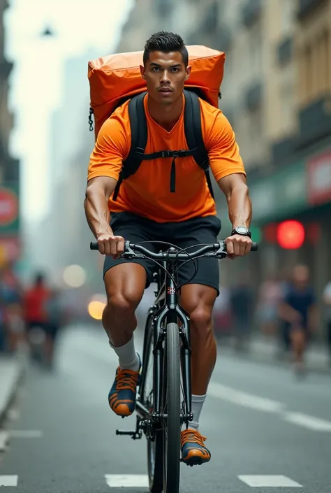 Cristiano Ronaldo riding a bike with an orange delivery backpack