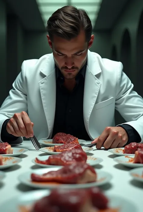 A handsome Cannibal man in white coat and black button up is sitting at the long table with plates of raw chopped pieces of human meat. Hes elegantly holding a fork and a knife, ready to cut one of the steaks.