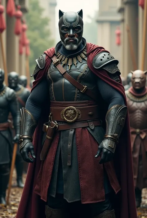 A medieval warrior standing, in an environment that portrays an intense war scenario. He is a strong black man, dressed in elaborate medieval warrior attire. Behind it, a setting rich in medieval and magical elements. The texture of the warriors face and c...