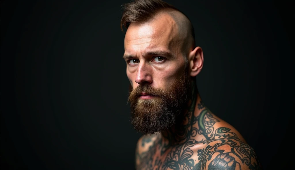 skinny American young man, a bit old, half body beard, bald, hair only in the middle of the head, body full of tattoos, black flat background