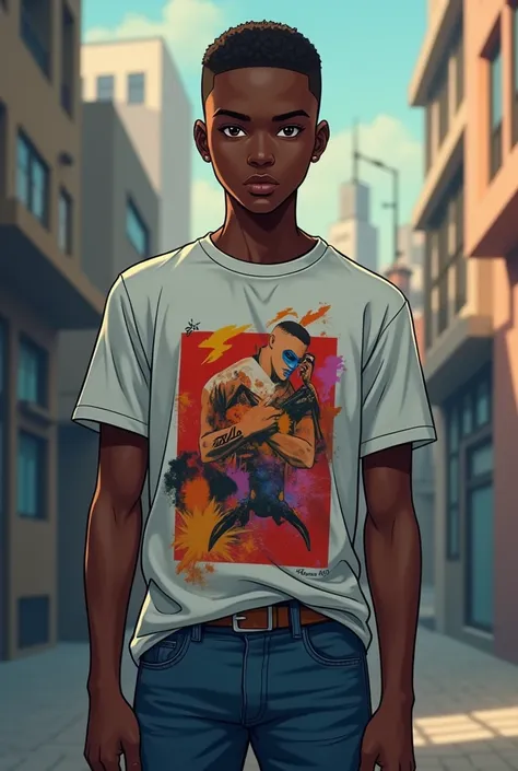 A black man, he is black skin and black hair, buzzcut hairstyle, black eyes, he wears a designed t-shirt and a jeans pants, anime style, realistic wide shot 