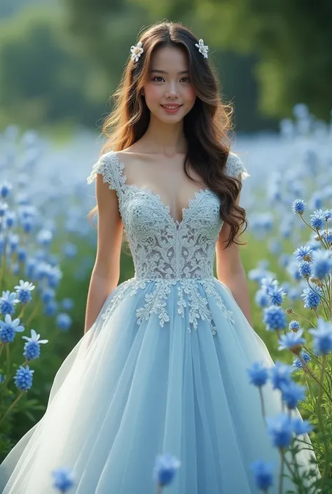 A girl in a beautiful long wedding dress with light blue flowers with white with black hair with blond at the tips