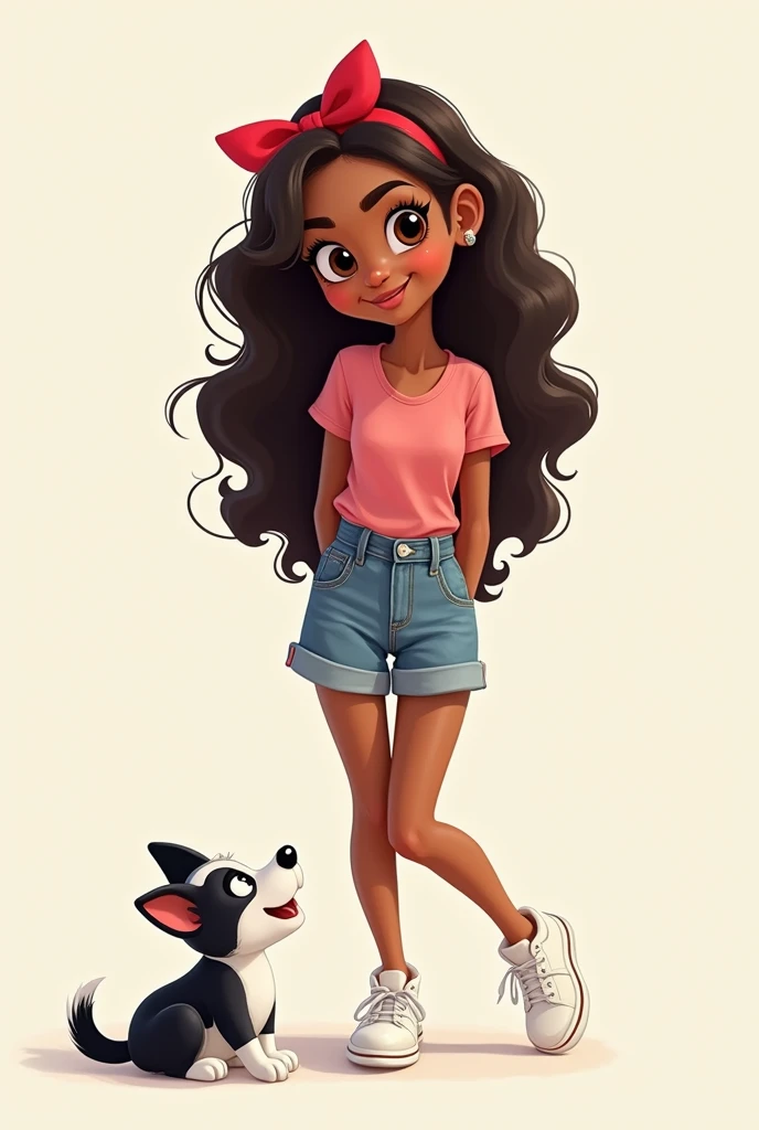 Draw an  Pixar-style teenager with light dark brown skin,  dark brown eyes, long dark brown curly hair,  with red bow on her head , de short jeans, and pink blouse , white sneakers. playing with a black and white dog