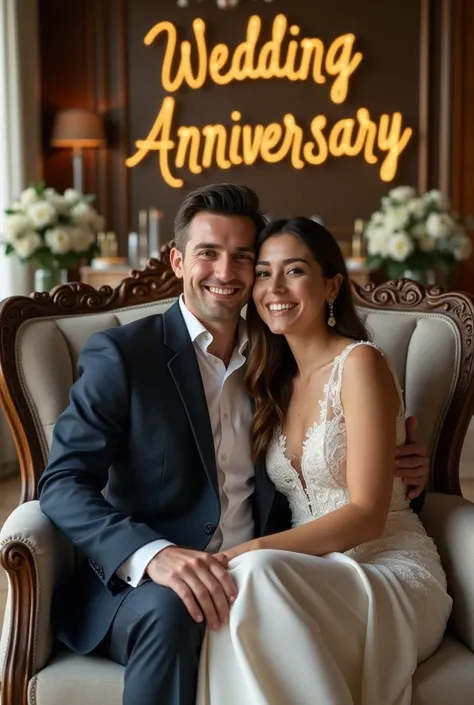 Couple wedding adult ,sitting in the elegant chair , with written in the back happy wedding anniversary .pictorial ,looking in the camera.