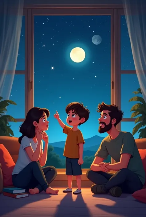 picture of Alex telling his parents that the moon is not in the sky at night
With no moon in the sky 