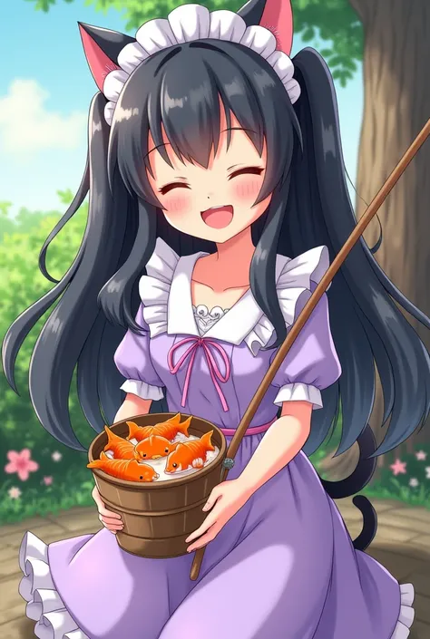 Cartoon of a teenage maid with cat ears and long black hair with a two-poned hairstyle wearing a lilac dress holding a bucket full of goldfish and her fishing rod is happy for fishing