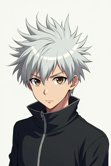  Create a male anime character with 14-year-old , faceless and serious looking strong , white hair brown eyes and slightly spiked hair