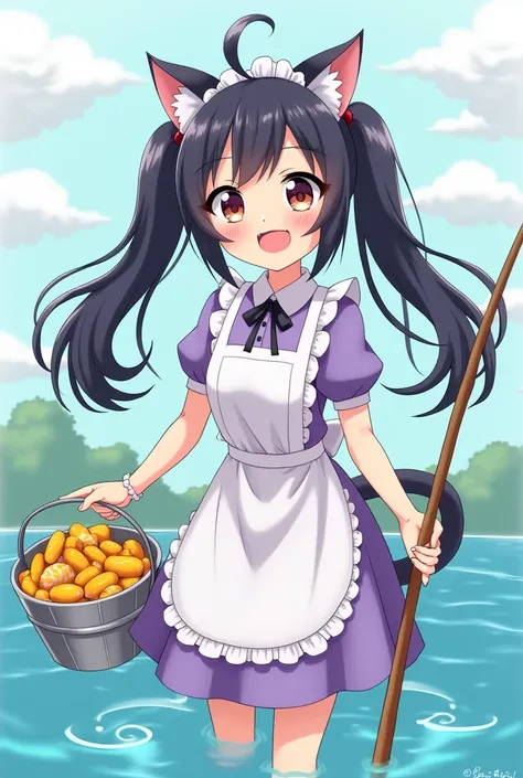 Kawai cartoon of a teenage maid with cat ears and long black hair with a two-poned hairstyle wearing a lilac uniform and a white apron holding a bucket full of golden fish and her fishing rod is happy for fishing