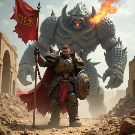 StarCraft hero Raynor, wearing a samouraï armor, fuzzy and frightening, with a shield and a flag with word ULT, behind him big dragoon beast with scales and pitting fire, Both surrounded by ruins of buildings and desert, realistic style