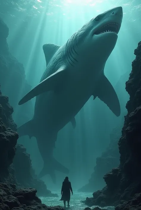 The shadow of colossus, colossus, covered by rock and stone, shark form, deep ocean