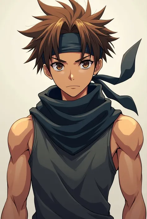  Create a 14-year-old male anime character, faceless and serious looking strong ,  brown hair , bandana on the head, brown eyes and slightly spiked hair 