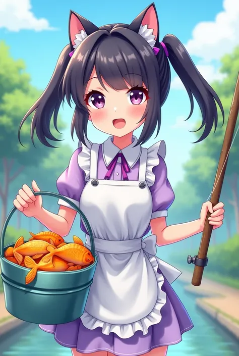 Kawai cartoon of a teenage maid with cat ears and long black hair with a two-poned hairstyle wearing a lilac uniform and a white apron holding a bucket full of golden fish and her fishing rod is happy for fishing