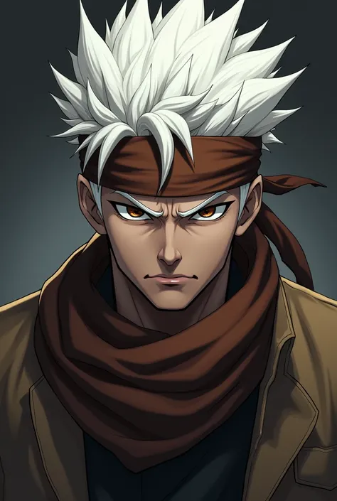 Create a  male anime character, faceless and serious looking strong ,  white hair, bandana on the head, brown eyes and slightly spiked hair 