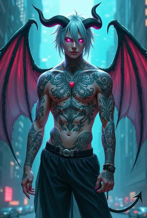 A tall, handsome incubus is 63 1/2" with no horns, And he has muscle definition, but his muscle mass is lean. His body is more like a swimmers body.He has a lean build with defined muscles. His skin is sun kissed, soft, and his hair is a light turquoise-gr...