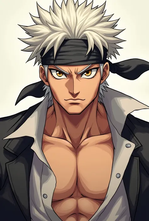 Create a  male anime character, serious and strong appearance,  white hair, bandana on the head, brown eyes and slightly spiked hair 