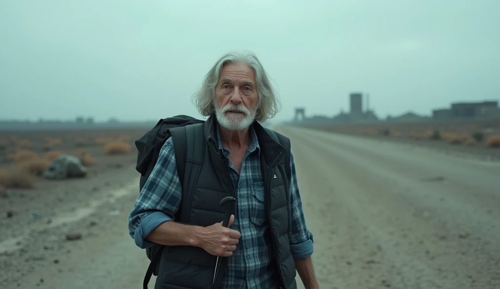 A surreal and emotional scene featuring an elderly man with long gray hair, wearing a black padded vest over a rolled-up blue plaid shirt. He carries a worn black backpack and a closed black umbrella in one hand as he walks through a desolate, degraded lan...