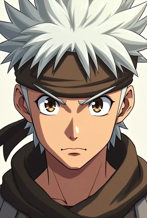 Create a  male anime character, serious appearance,  white hair, bandana on the head, brown eyes and slightly spiked hair 