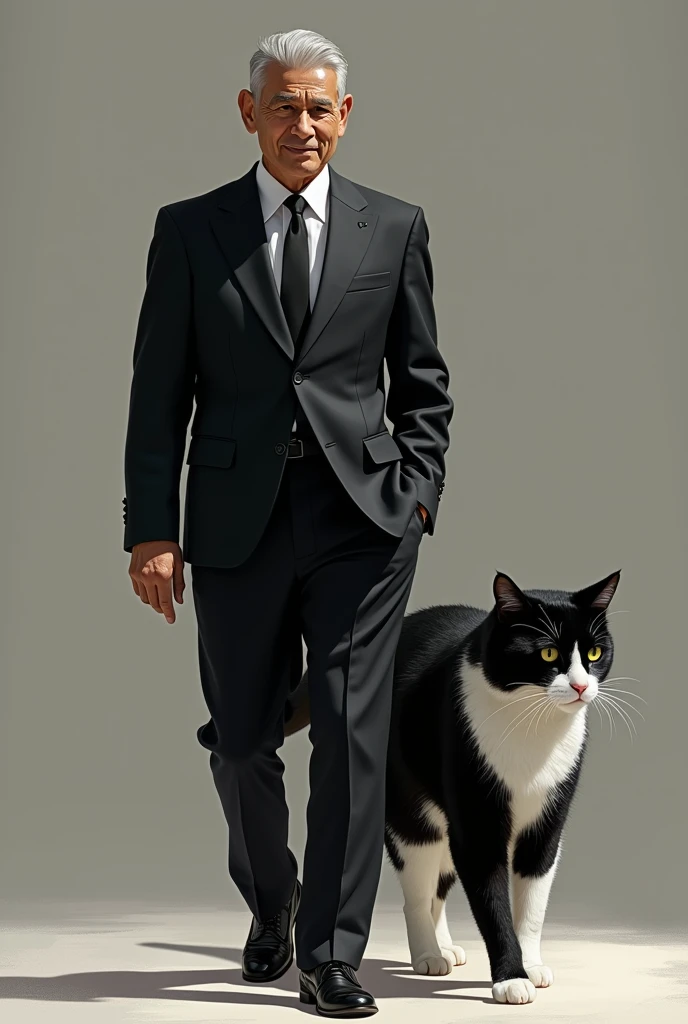 A handsome 49 year old Malay man without a beard wearing a black suit is walking with a big black and white furred cat. 