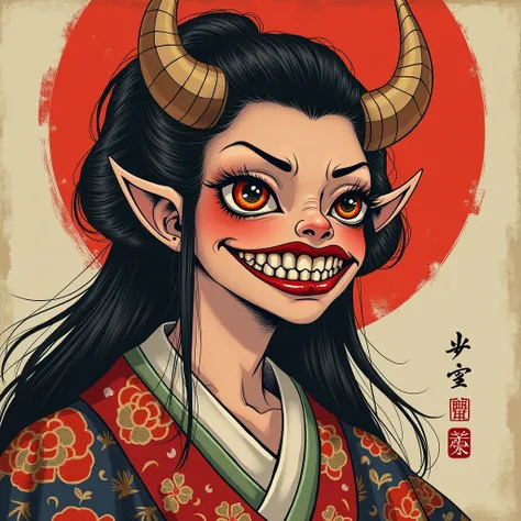   A very sexy female Yokai , ((  Japanese Yokai mask  )),  traditional Japanese clothing, (( traditional Japanese art )), ((Yokai demon  )), ((  Japanese painting style )), (( samurai mask )), ((  huge and scary mouth  )), (((top-less)))