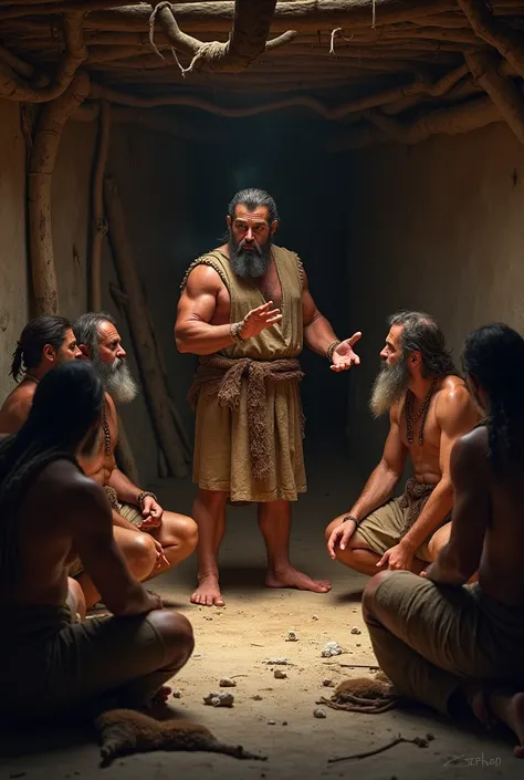 Meeting between men from a Neolithic village. One of them is standing indicating where the invaders are coming from. The meeting takes place inside a small Neolithic hut. They are worried.  
They are not strong. Realistic image.