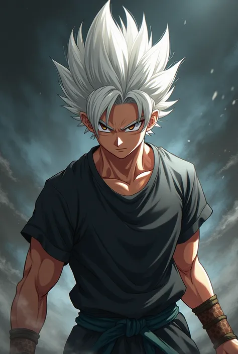 Create a  male anime character, serious appearance,  white hair, brown eyes and slightly spiked hair .
 Make him in combat position, with an aura of power .