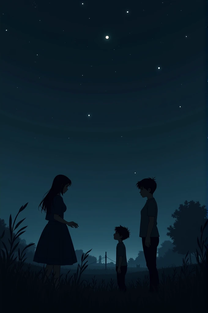 The dark sky with no moon and a boy talking to his parebts at night
