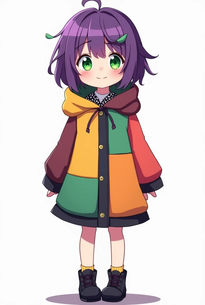 
1 girl,Alone, Short Hair, Smuggy face showing teeth, PNG background, Anime style,Full body view, black shoes, Frog Hands green and yellow, left eye green, right eye purple, purple hair with green details, oversized colorful coat, smirking, flat design, 2D...